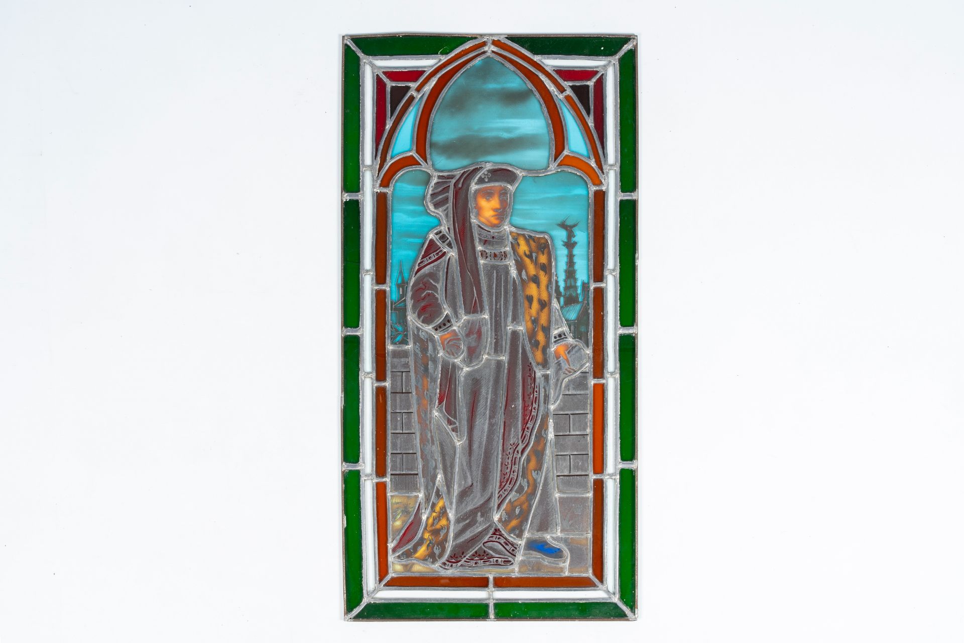 A Belgian Gothic revival painted stained glass window depicting a duke and a view on Brussels, ca. 1 - Image 3 of 3