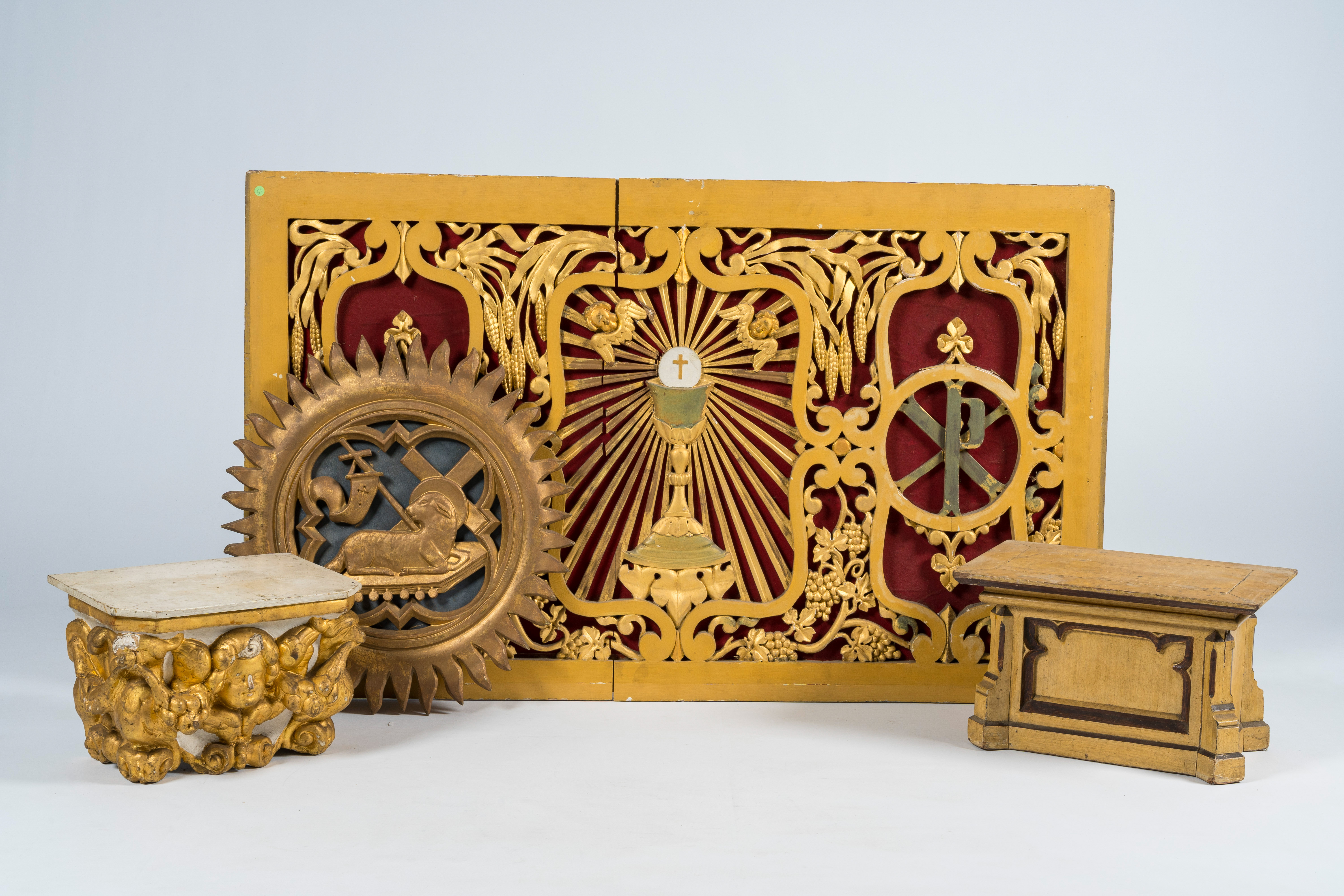 A varied collectien of religious polychrome and gilt wood architectural elements, 18th C. and later