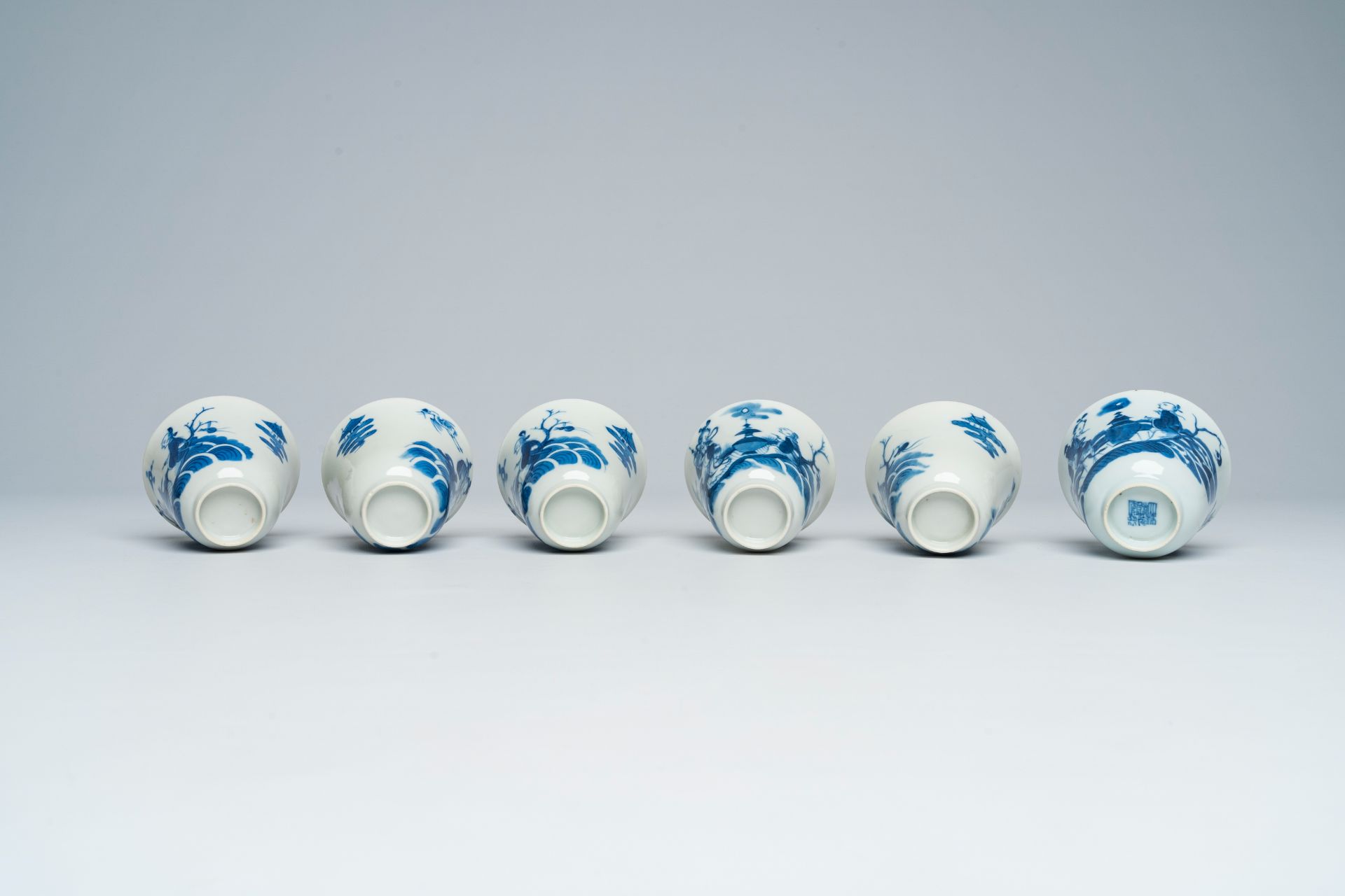 Six Chinese blue and white cups and saucers with Immortals in a boat, Daoguang - Image 9 of 9