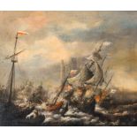 Illegibly signed: War at sea, oil on panel, dated 1875