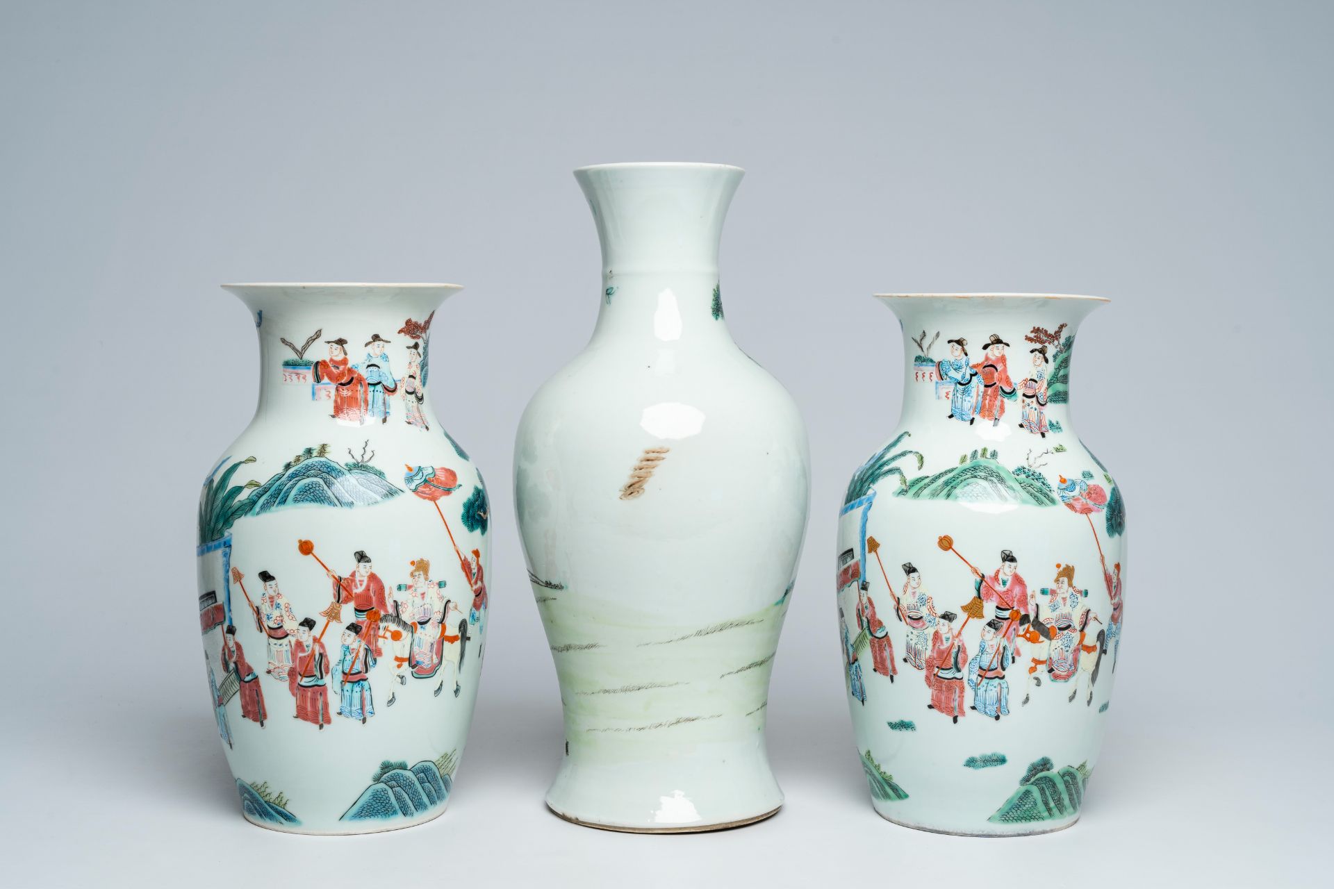 A Chinese famille rose baluster shaped 'Immortals' vase and a pair of vases with palace scenes, 19th - Image 3 of 6