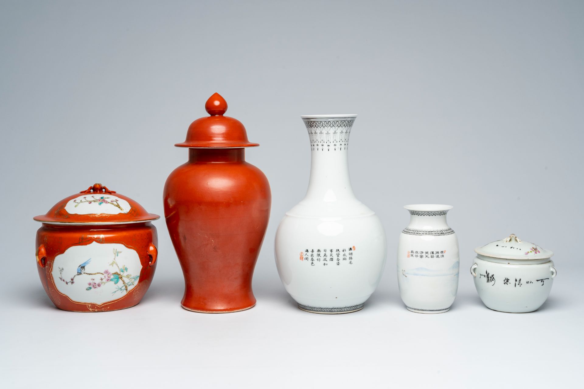 A varied collection of Chinese polychrome porcelain comprising two jars and covers and three vases, - Image 4 of 9