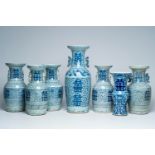 Seven Chinese blue and white 'double happiness' vases, 19th/20th C.