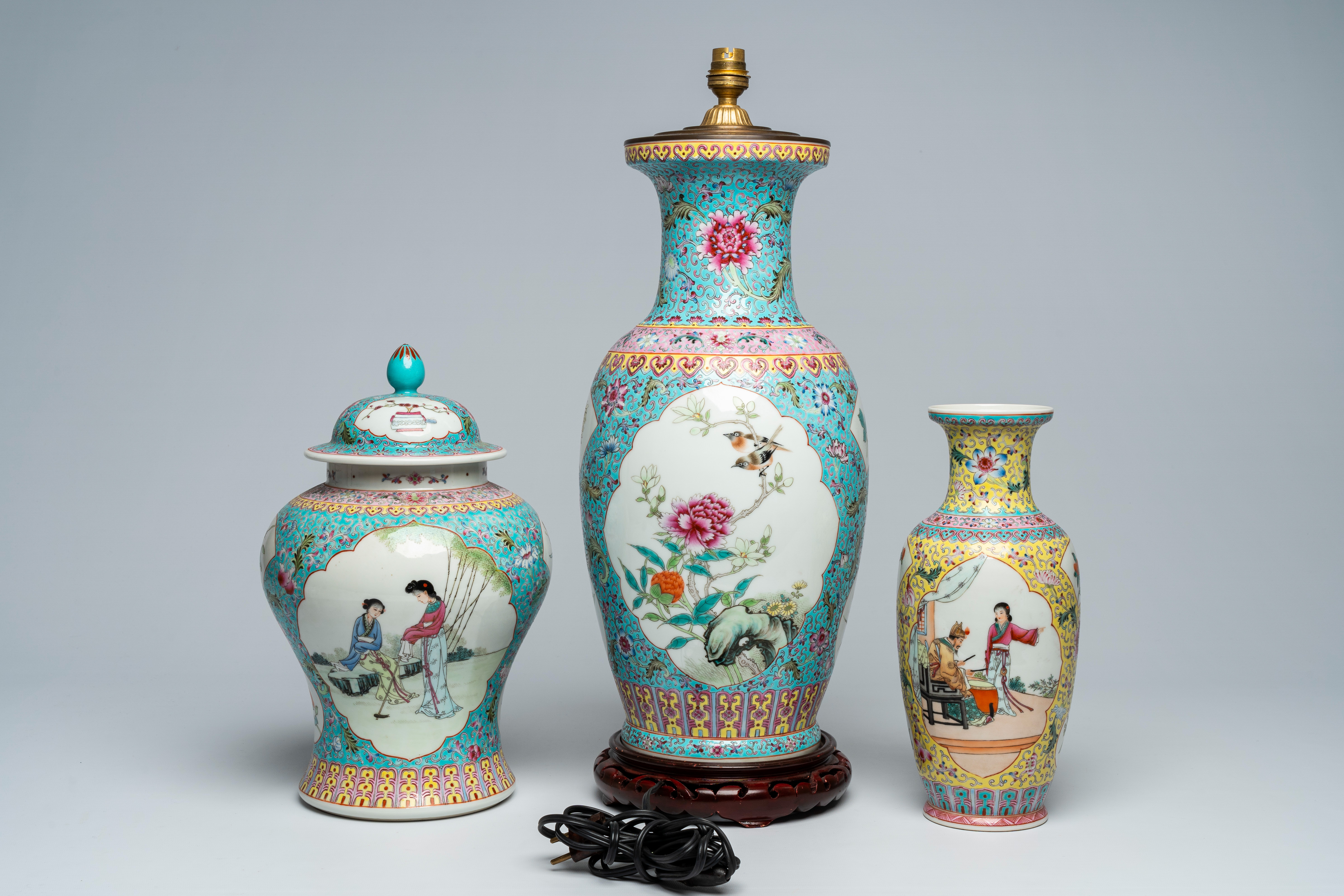 Three various Chinese famille rose vases, one of which mounted as a lamp, 20th C. - Image 3 of 6