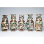 Five Chinese Nanking crackle glazed famille rose 'warrior' vases, 19th/20th C.