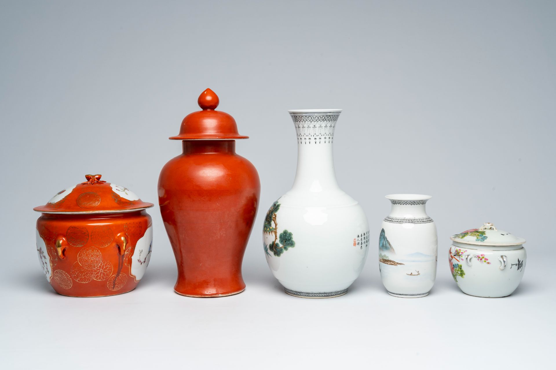 A varied collection of Chinese polychrome porcelain comprising two jars and covers and three vases, - Image 3 of 9