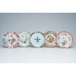 Five Chinese famille rose and verte plates with antiquities and floral design, Kangxi and later