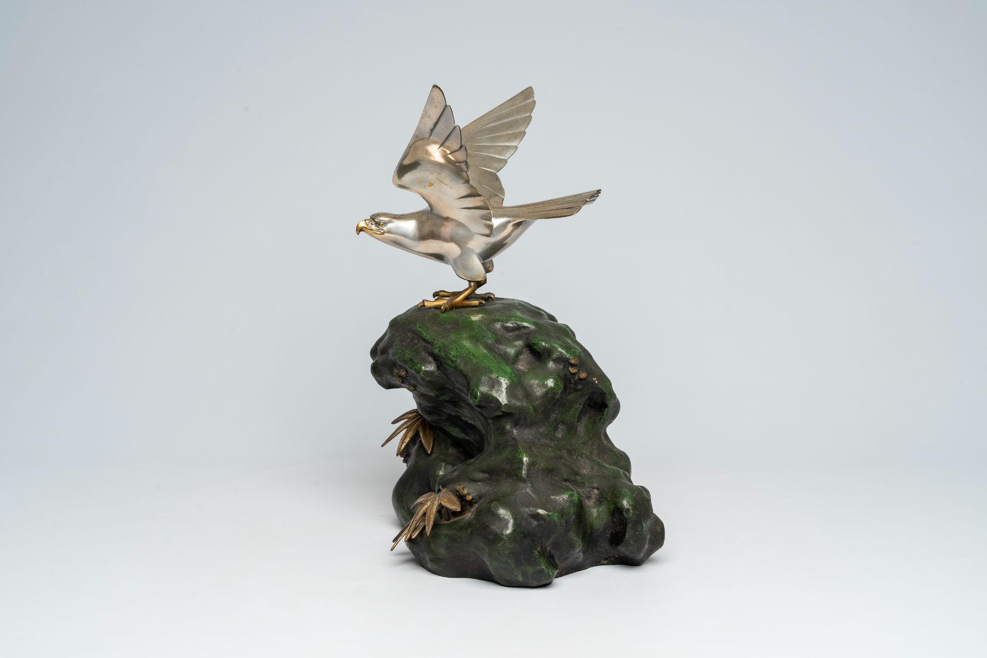 A Japanese patinated and silver-plated metal okimono of an eagle on a rock, signed Hidemasa, 20th C. - Image 12 of 17