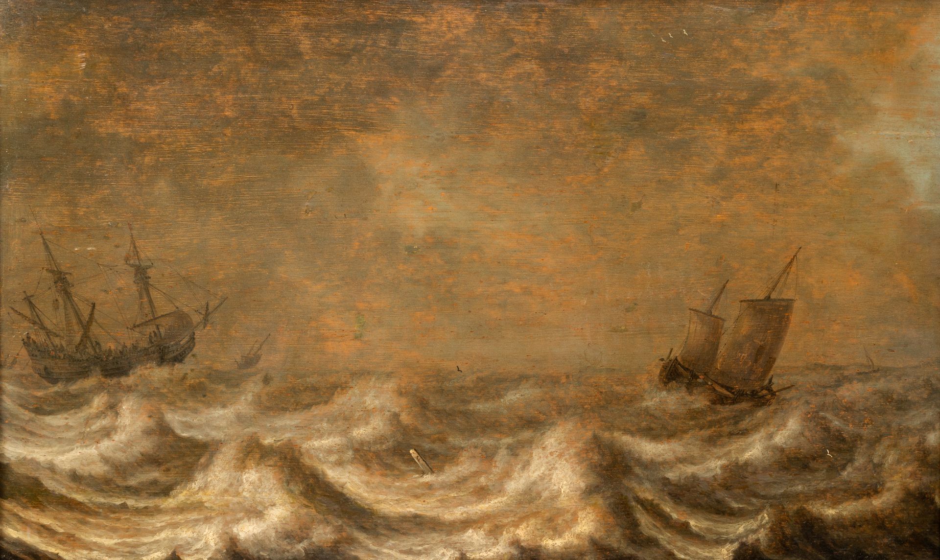 Pieter Mulier I (1615-1670): Shipping on a stormy sea, oil on panel