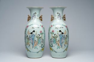 A pair of Chinese famille rose vases with court ladies and playing children, 19th/20th C.