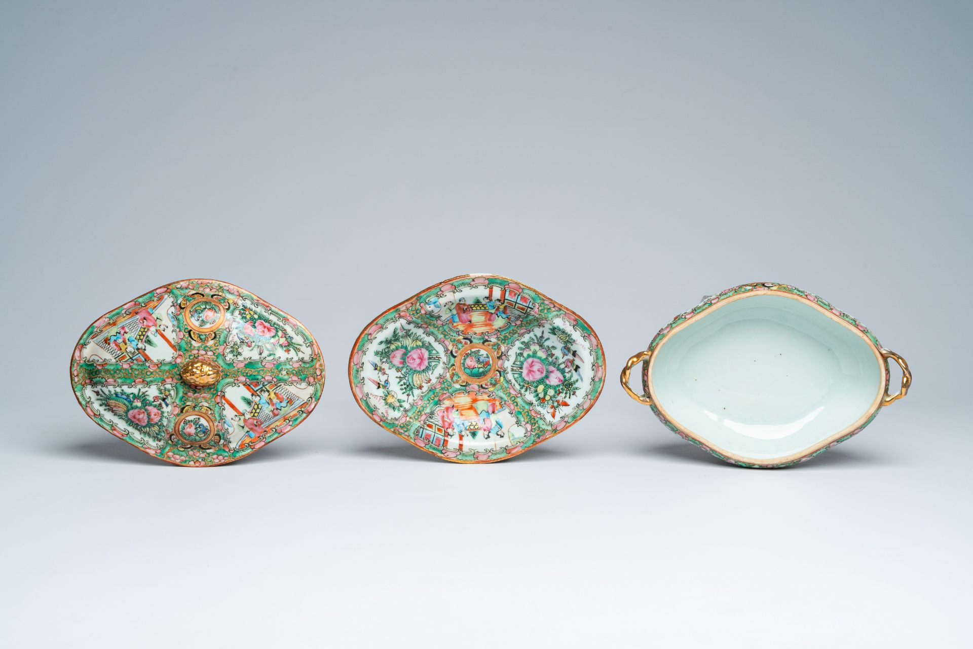 A large collection of Chinese Canton famille rose porcelain with palace scenes and floral design, ca - Image 18 of 19