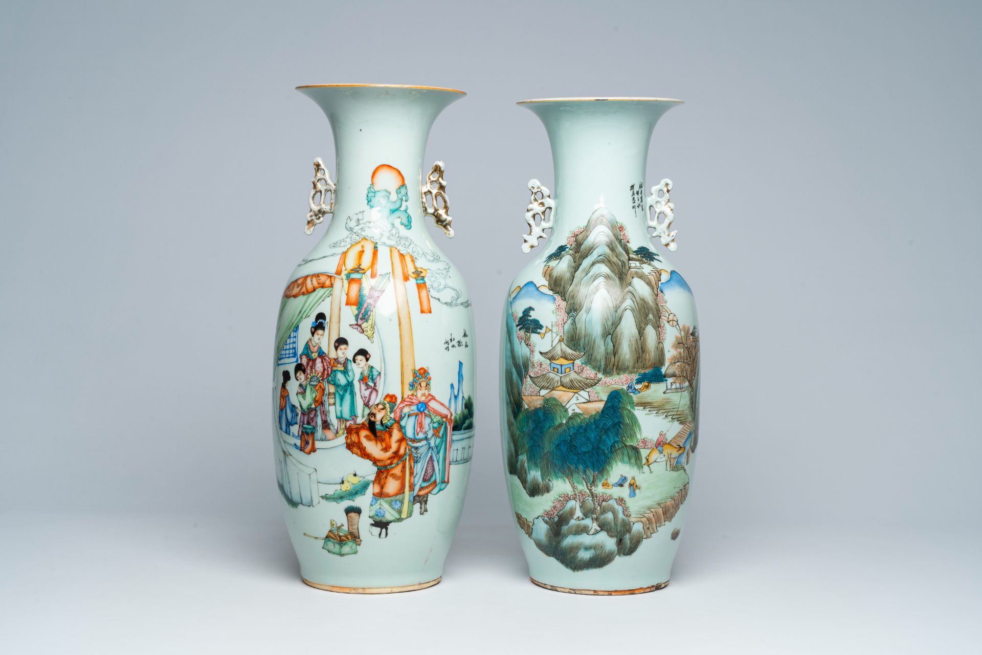 Two Chinese famille rose and qianjiang cai vases with figures in a palace garden and an animated lan - Image 2 of 7