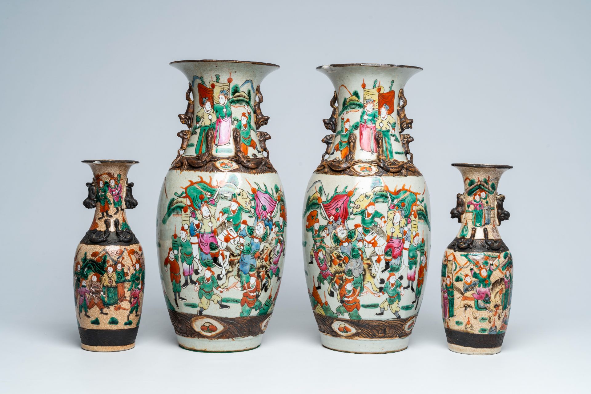 Four Chinese Nanking crackle glazed famille rose 'warrior' vases, 19th C. - Image 3 of 6