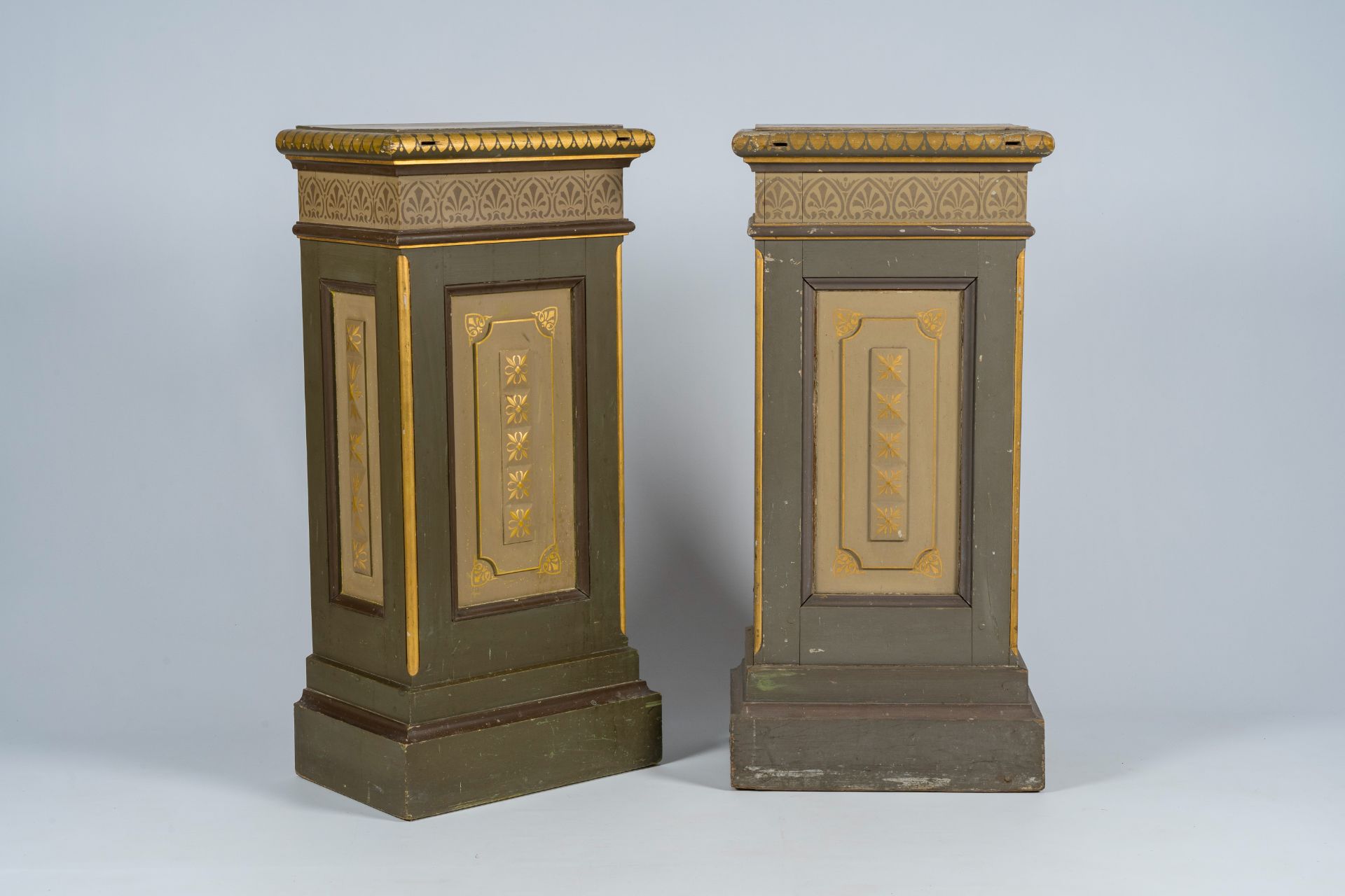 A pair of Flemish or French Gothic revival polychrome painted and gilt wood pedestals, first quarter - Image 8 of 8