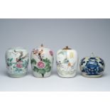 Four various Chinese famille rose and blue and white celadon ground jars and covers, 19th/20th C.