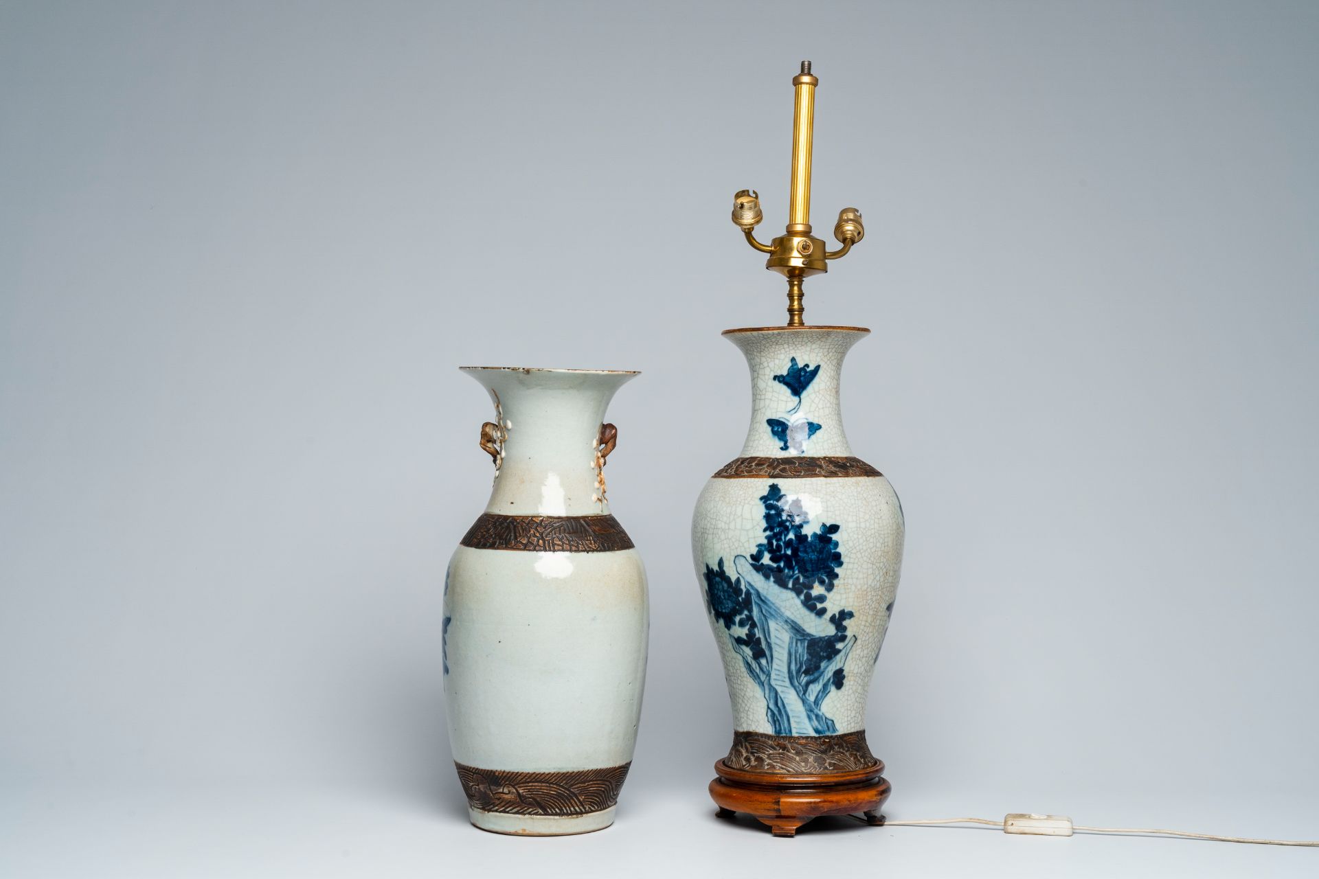 Two Chinese Nanking crackle glazed blue and white vases with birds among blossoming branches, one of - Image 3 of 6