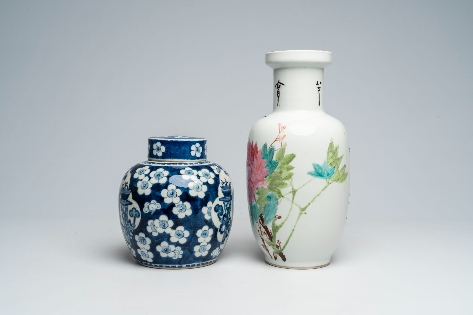 A Chinese qianjiang vai vase and a blue and white prunus on cracked ice ground vase with antiquities - Image 2 of 5