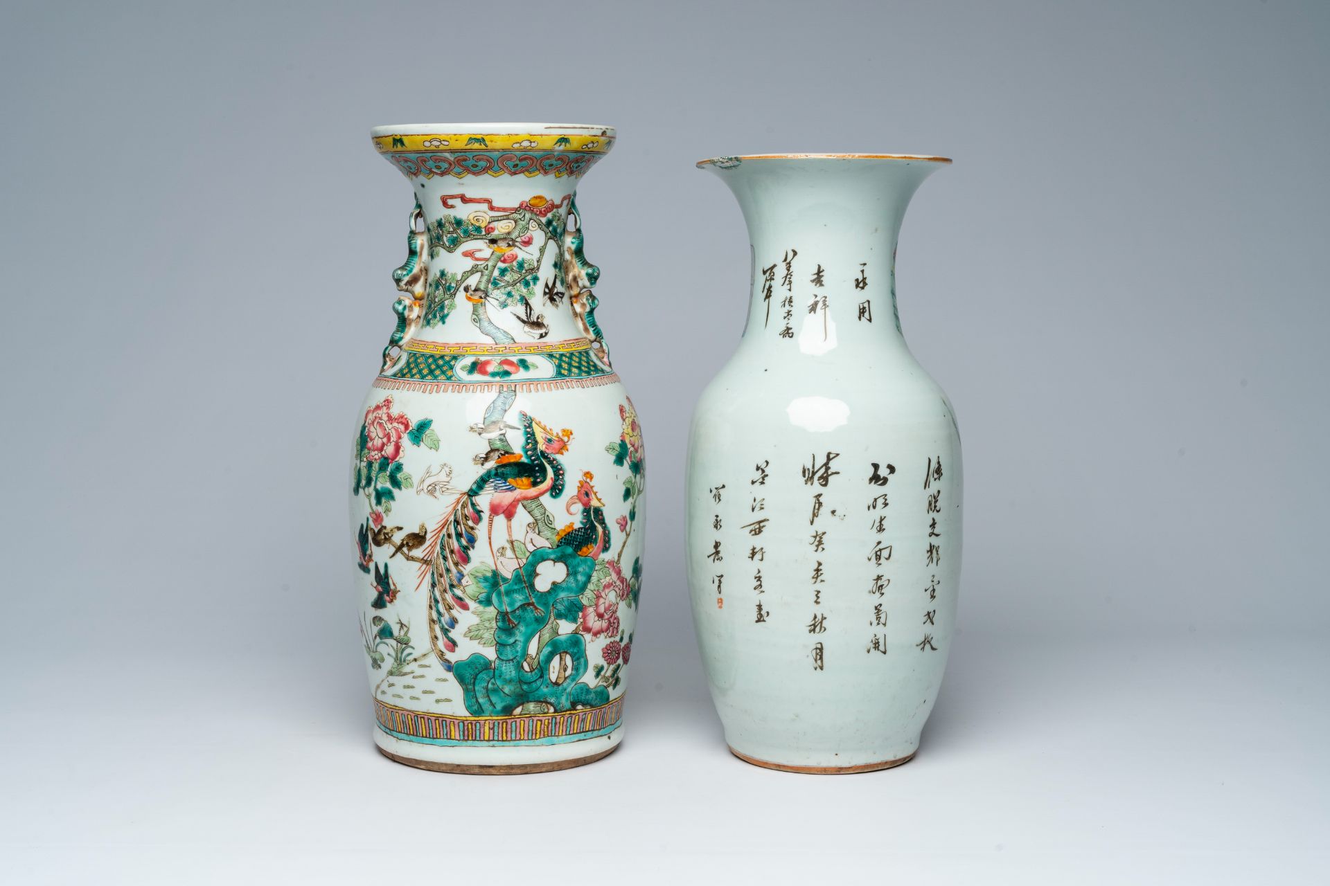 Two Chinese famille rose and qianjiang cai vases with birds among blossoming branches and ladies in - Image 4 of 7