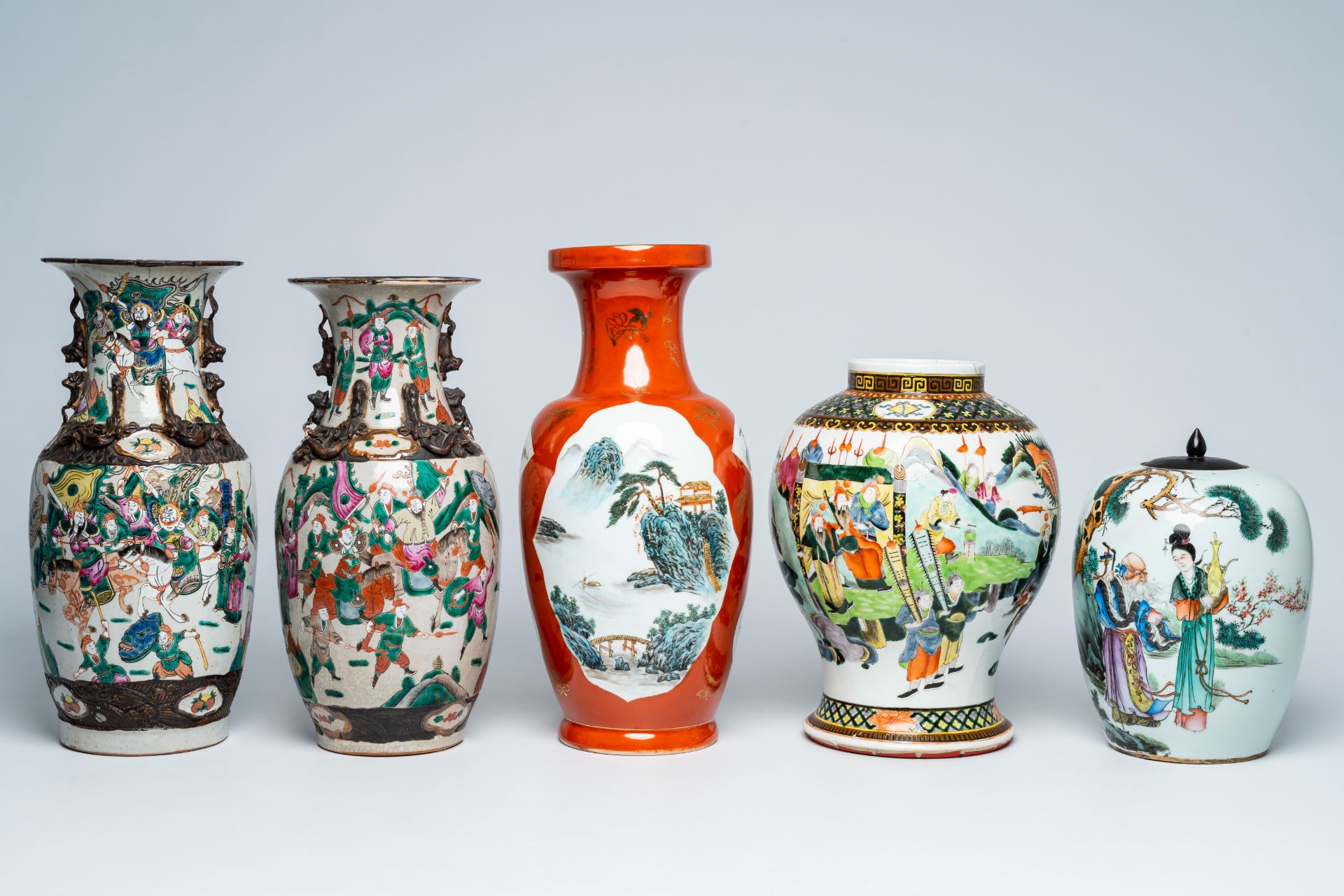 Four various Chinese famille rose and qianjiang cai vases and a qianjiang cai 'Shou' jar and cover,