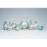 A varied collection Chinese turquoise ground famille rose porcelain, 20th C.