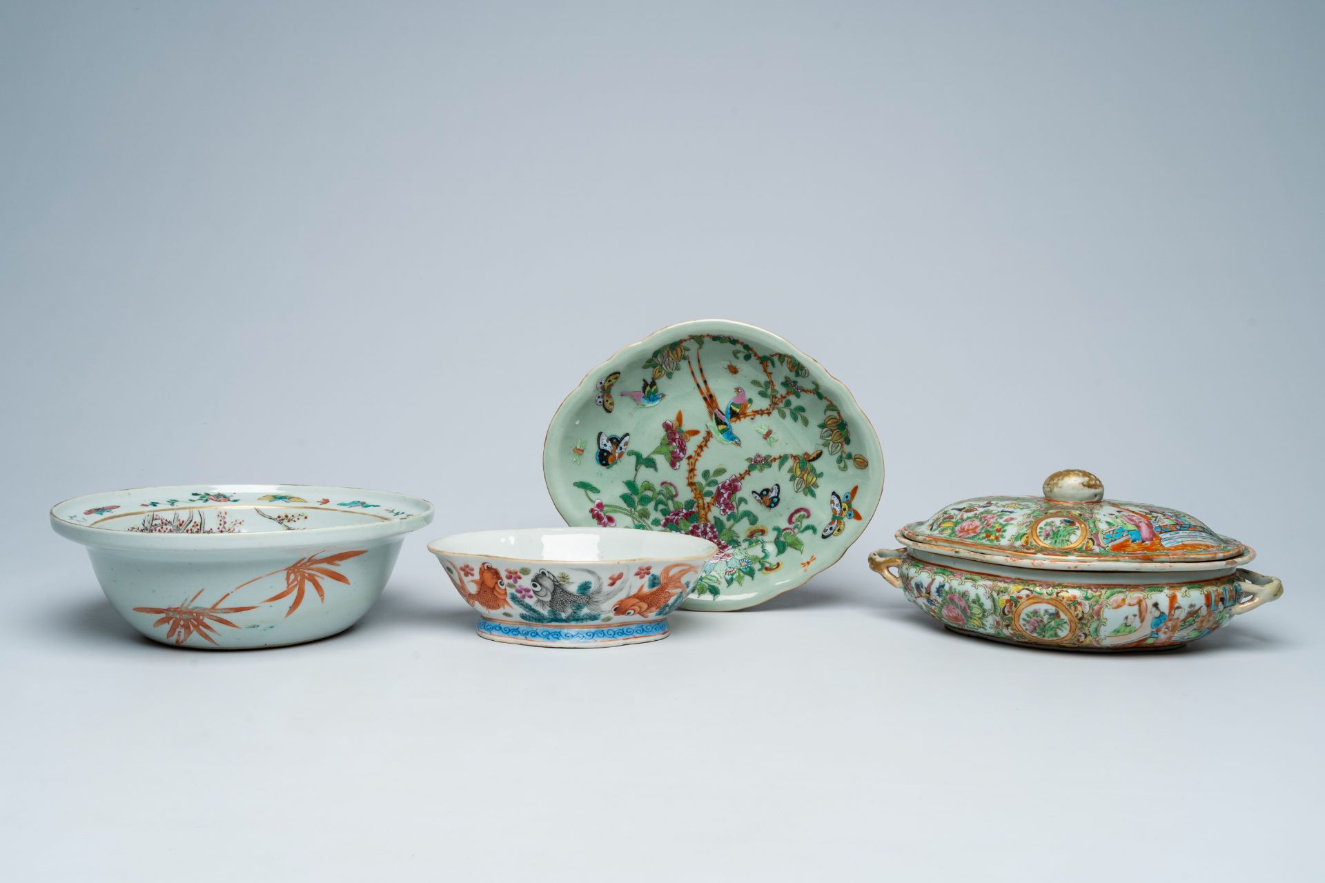 Three various Chinese famille rose bowls and a Canton tureen and cover with palace scenes and floral - Image 2 of 11