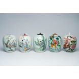 Five Chinese famille rose and qianjiang cai jars and covers with ladies in a garden and a deer in a