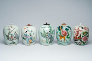Five Chinese famille rose and qianjiang cai jars and covers with ladies in a garden and a deer in a