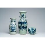 Two Chinese blue and white celadon-ground vases and a covered jar, 19th C.