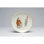A Chinese famille rose plate with the Star God Lu Xing and two children, Qianlong mark, 19th/20th C.