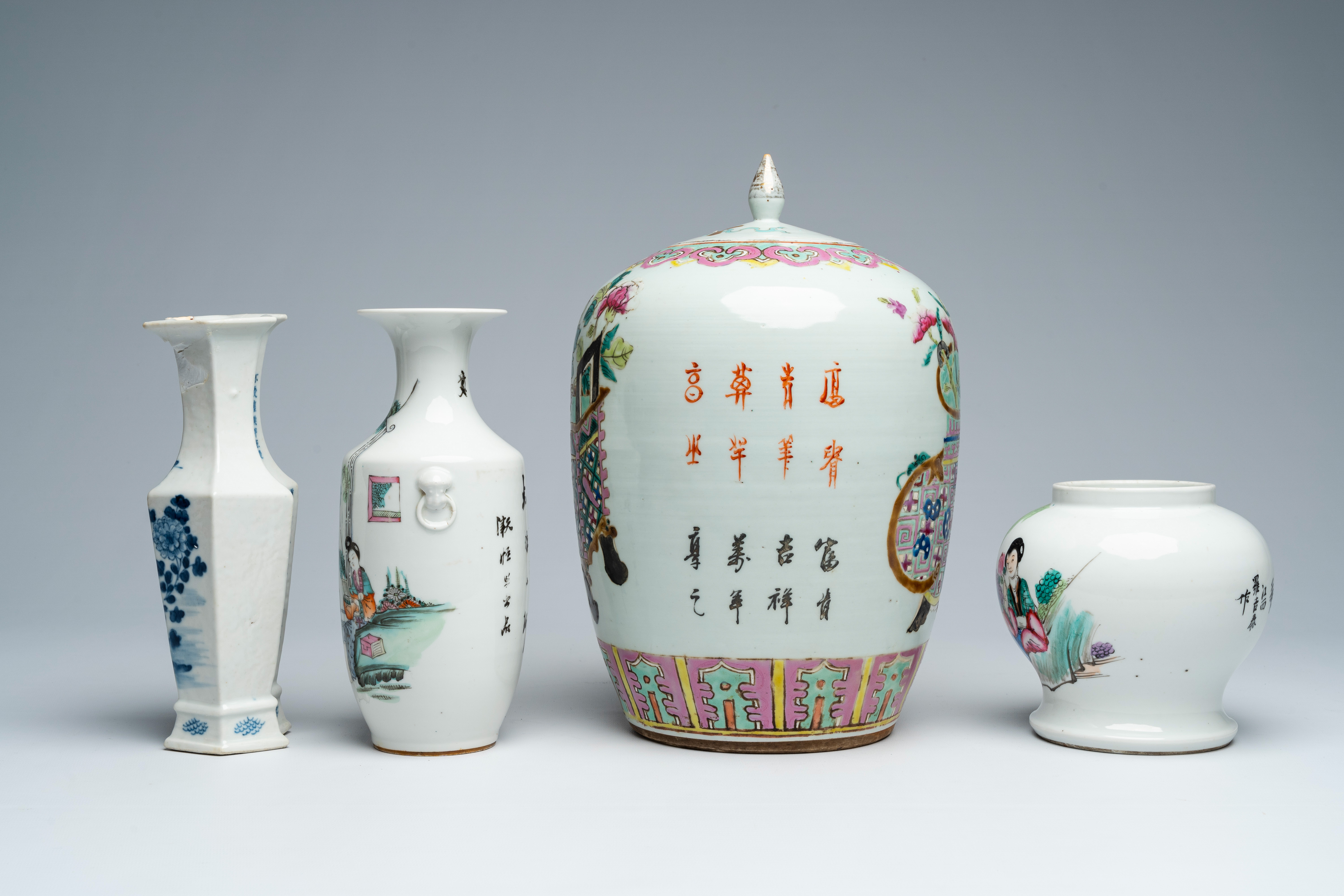 Four Chinese blue, white, famille rose and qianjiang cai vases and jars and covers and four Canton e - Bild 3 aus 14