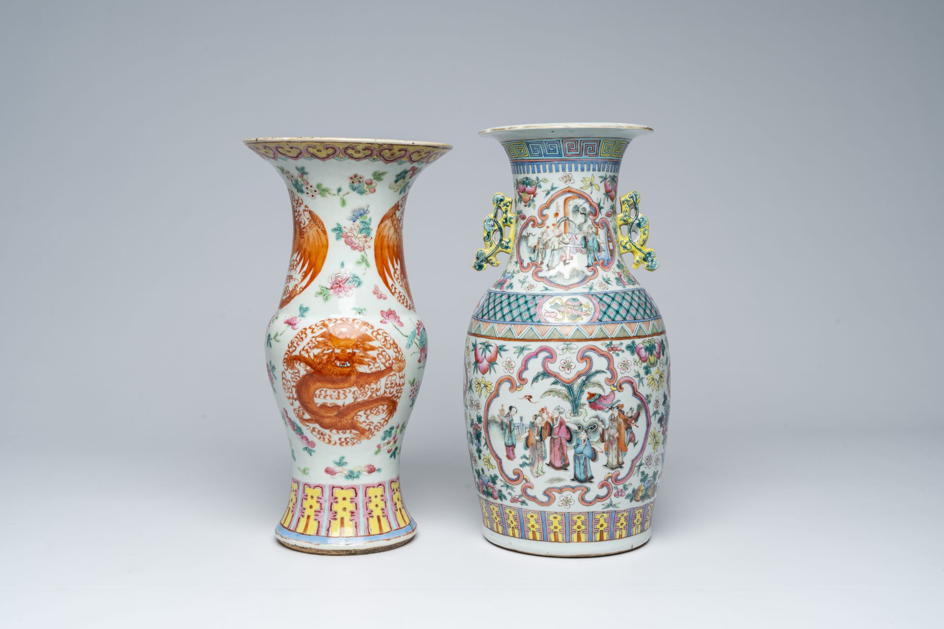 A Chinese famille rose vase with palace scenes and an iron red 'dragons and phoenixes' yenyen vase,