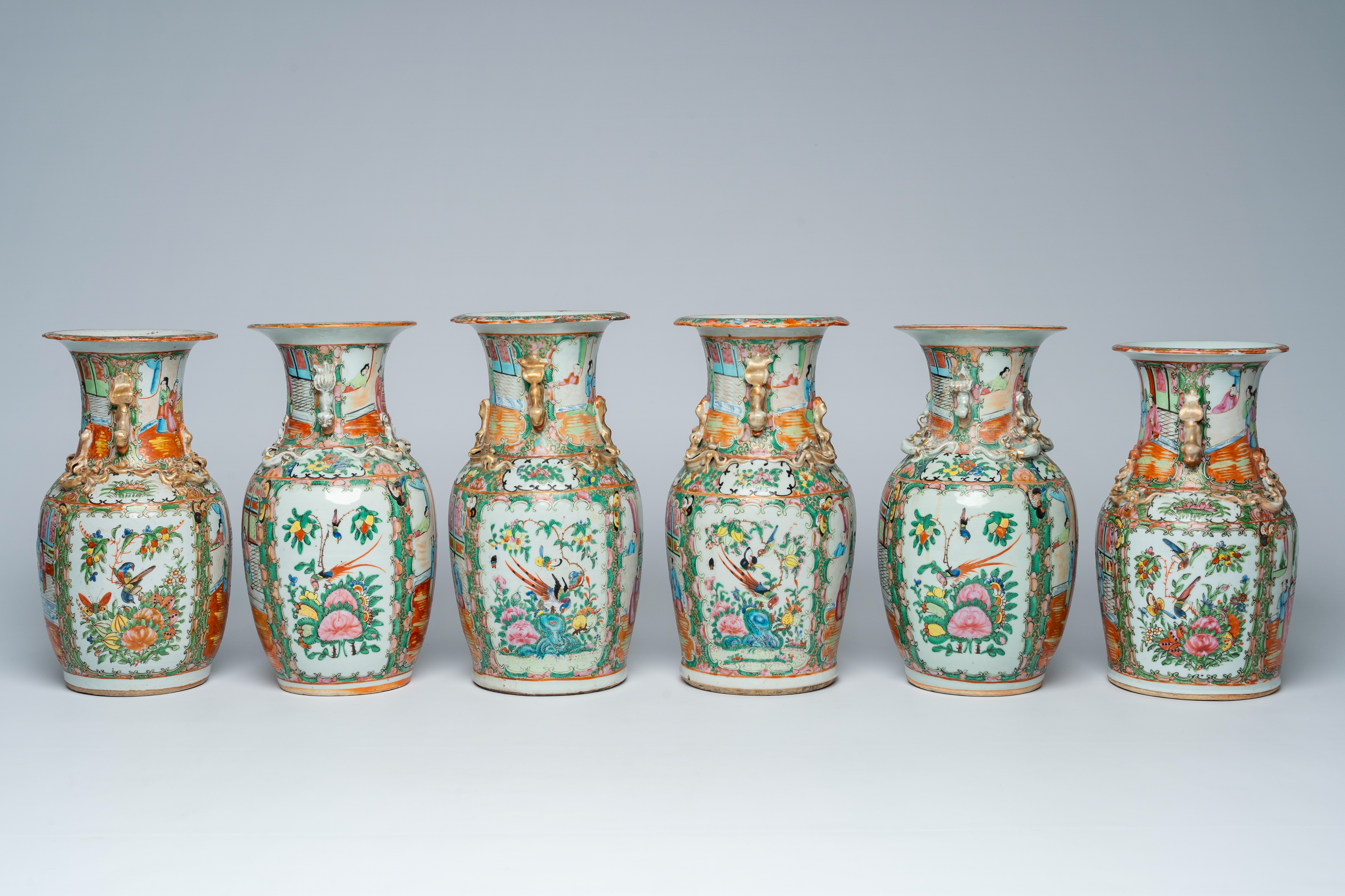 Six various Chinese Canton famille rose vases with palace scenes and birds among blossoming branches - Bild 5 aus 7