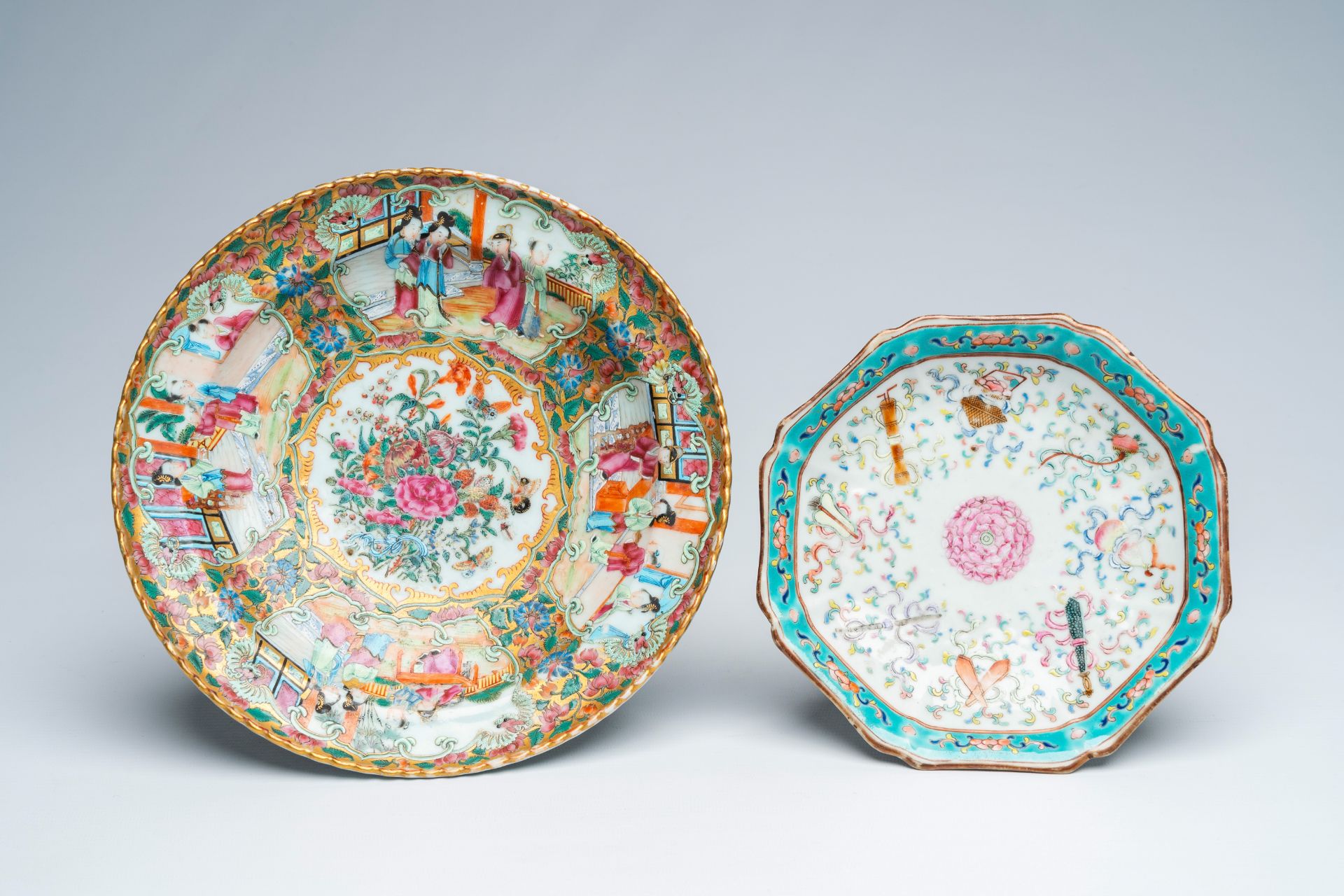 A Chinese Canton famille rose tazza with palace scenes and a bowl with antiquities, 19th C.