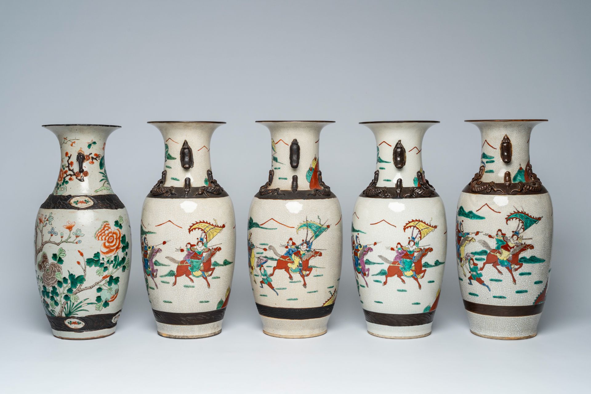 A varied collection of ten Chinese Nanking crackle glazed famille verte vases with warrior scenes an - Image 3 of 13