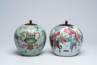 Two Chinese famille rose jars with wooden covers with antiquities design and the qilin Song Zi, 19th