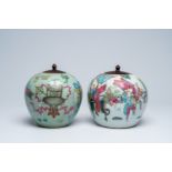 Two Chinese famille rose jars with wooden covers with antiquities design and the qilin Song Zi, 19th