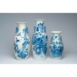 Three Chinese blue and white vases with birds among blossoming branches, 19th/20th C.