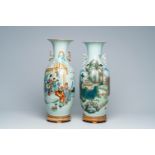 Two Chinese famille rose and qianjiang cai vases with figures in a palace garden and an animated lan