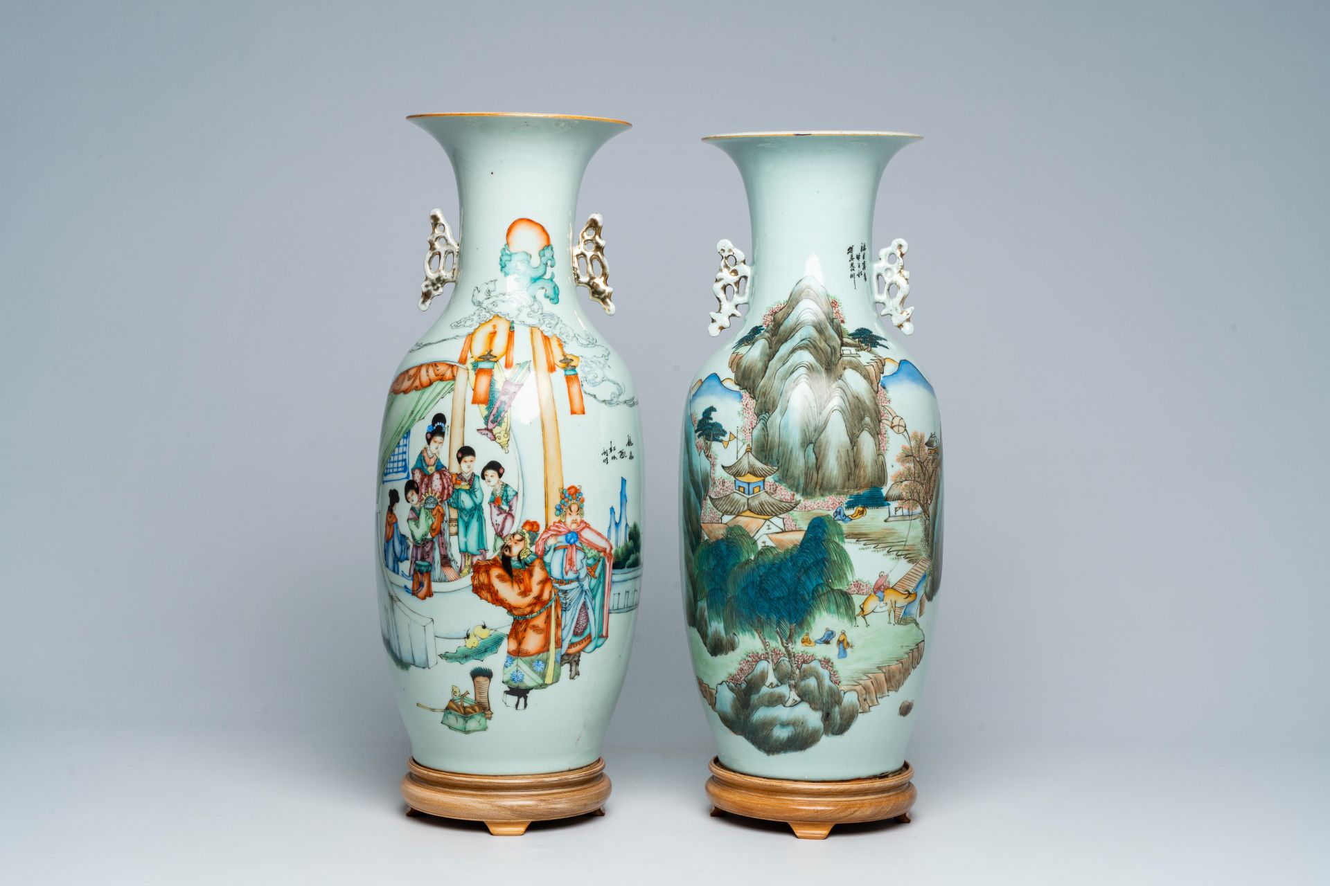 Two Chinese famille rose and qianjiang cai vases with figures in a palace garden and an animated lan