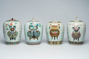 Four Chinese famille rose ginger jars and covers with flower baskets and antiquities, 19th/20th C.