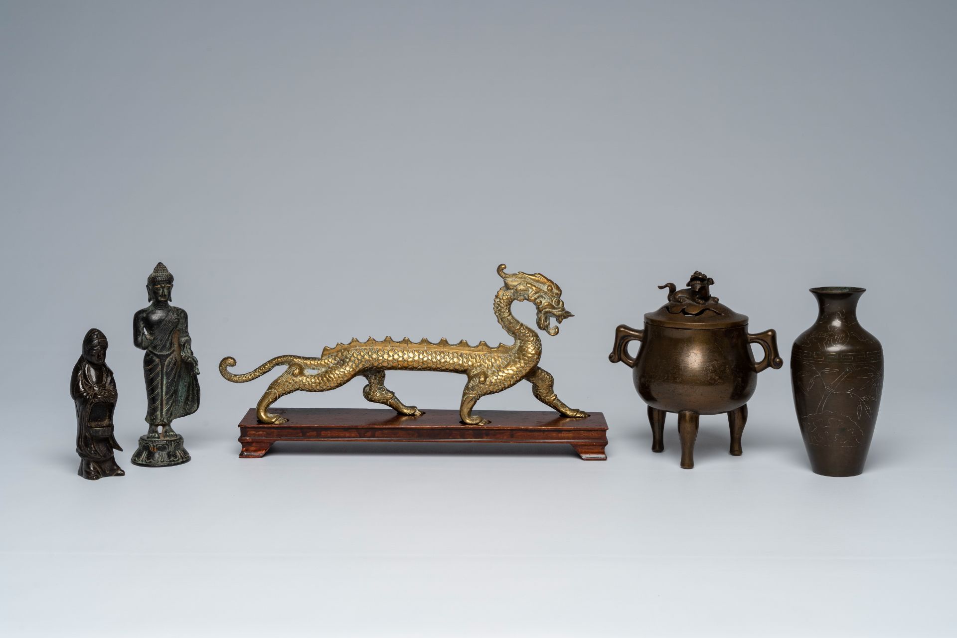 Three bronze sculptures, a censer and a vase, China, Vietnam and Japan, 19th/20th C.
