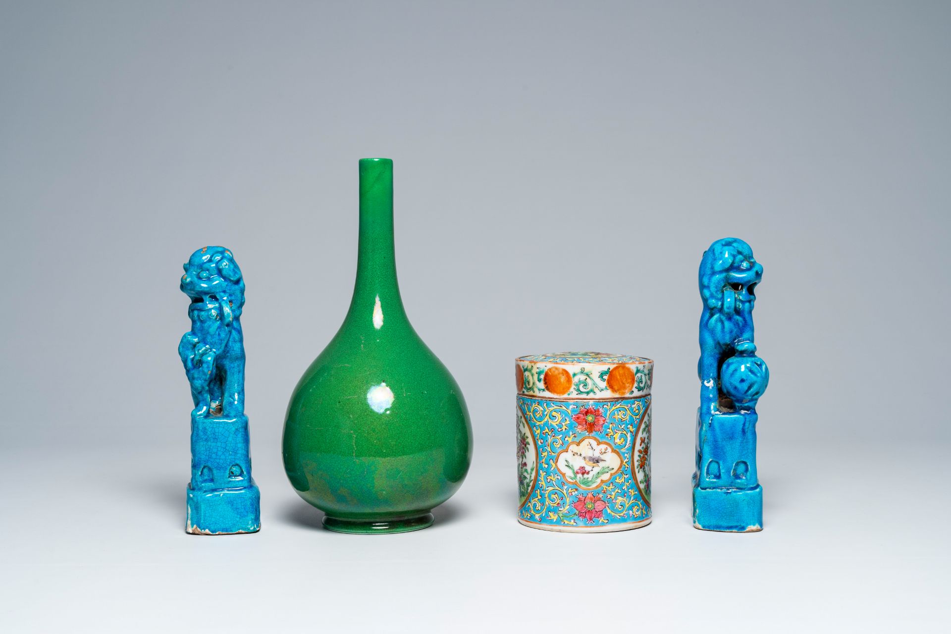 A Chinese Canton famille rose jar and cover, a monochrome green vase and a pair of turquoise glazed - Image 3 of 7