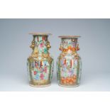 Two Chinese Canton famille rose vases with palace scenes and birds among blossoming branches, 19th C