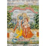 Indian school: Krishna and Radha in a garden of paradise, gilt heightened gouache on paper, 19th/20t