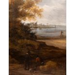 Dutch school: Landscape with men resting on the banks of the water, oil on panel, 17th C.