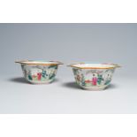 A pair of octagonal Chinese famille rose klapmuts bowls with figures in a landscape, Yongzheng