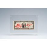 Andy Warhol (1928-1987): An autographed two-dollar bill depicting Thomas Jefferson