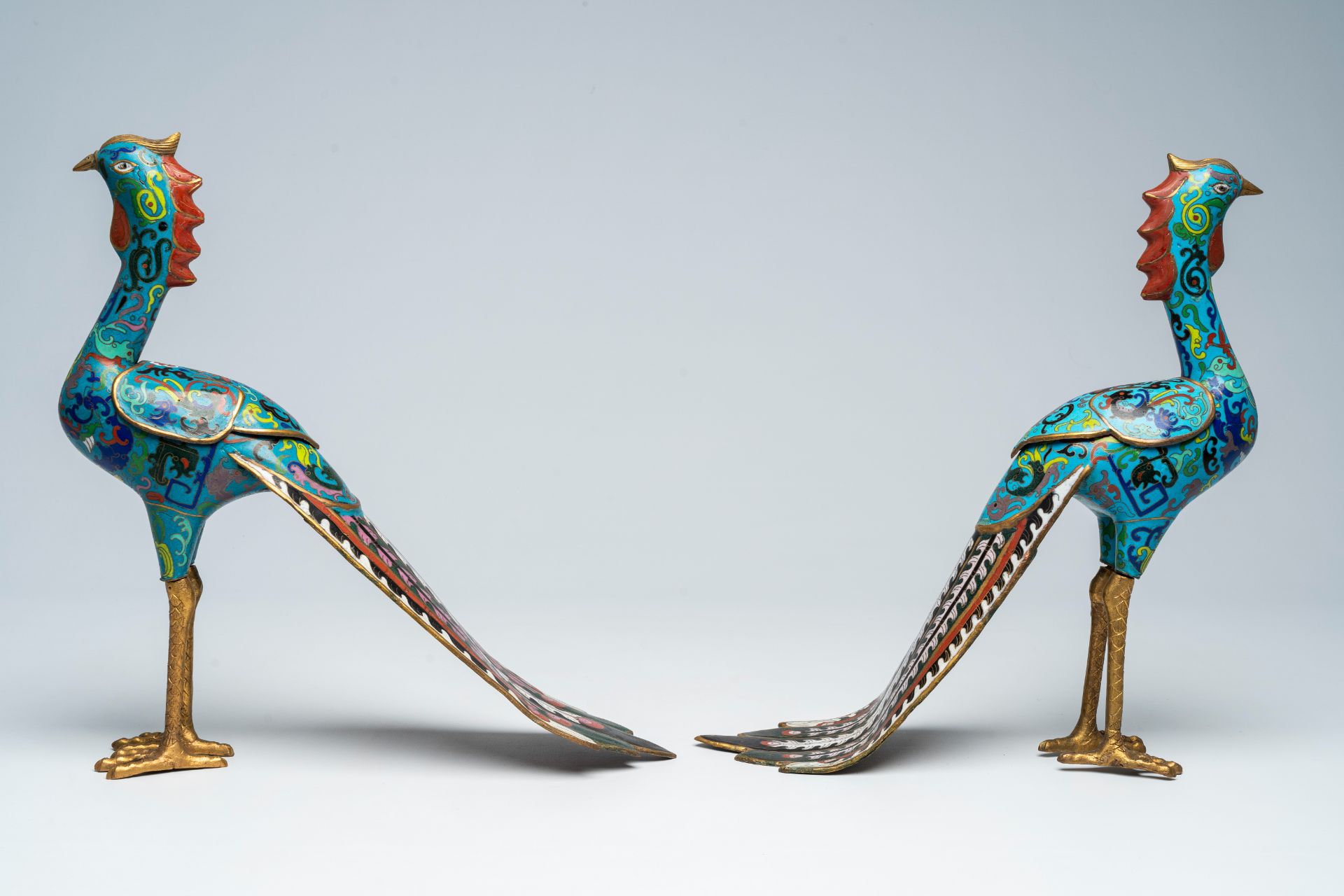 A pair of Chinese cloisonnÃ© phoenix-shaped incense burners, 20th C. - Image 3 of 8