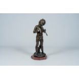 Auguste Moreau (1834-1917): 'Pan', brown patinated bronze on a red marble base, 20th C.