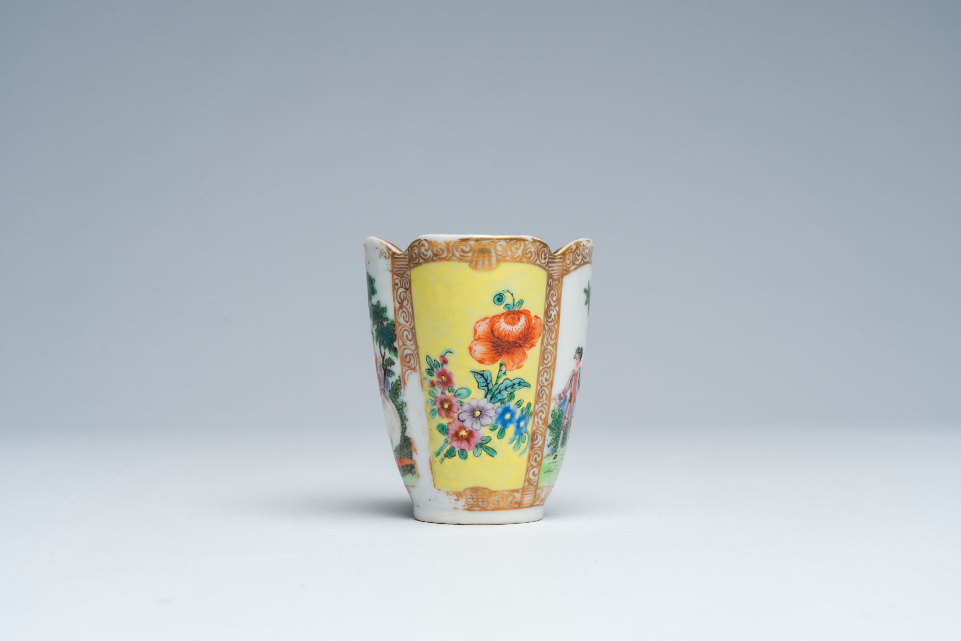 A Chinese famille rose Meissen style quatrefoil beaker and saucer with galant scenes, Augustus Rex m - Image 6 of 8